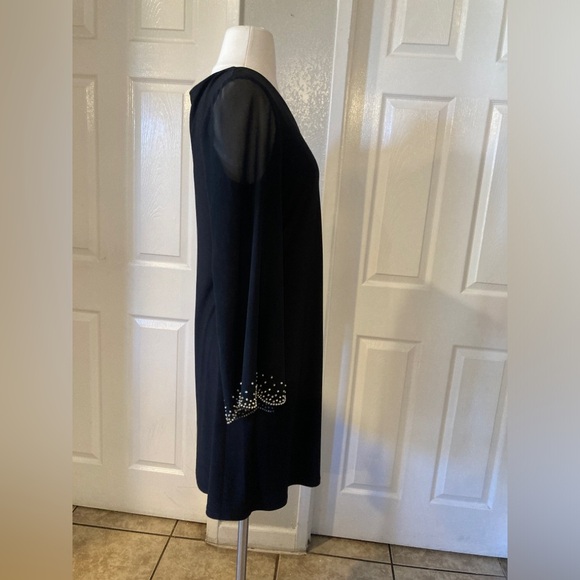 MSK Midi Dress Size M  V Neck Bell Sleeve Pearl Embellished  Drapey Relaxed - Picture 2 of 6